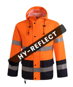 Fluorescent orange reflective raincoat in two-tone